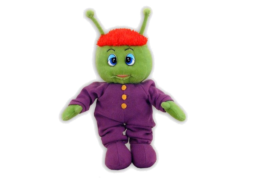 Gooby green alien plush in purple jumpsuit